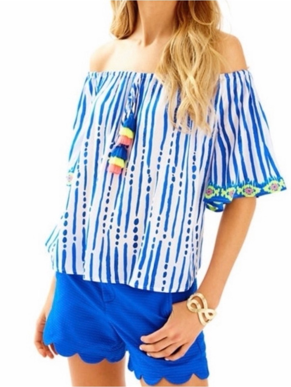 Lilly Pulitzer Sain Off The Shoulder Blue Striped Top Blouse